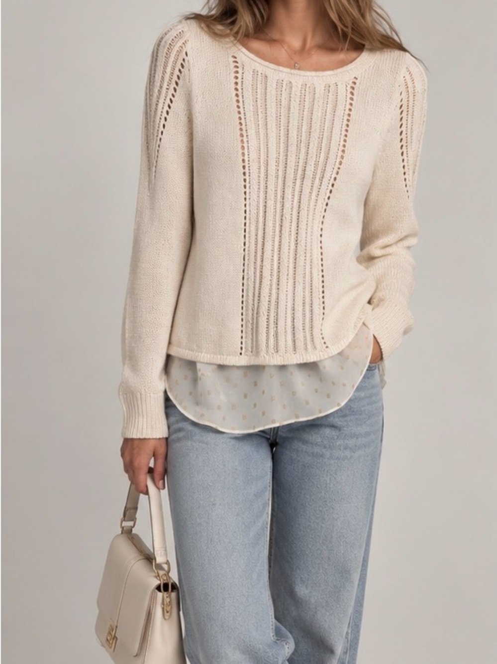 Lucky Brand Cream Open-Stitch Crewneck Sweater